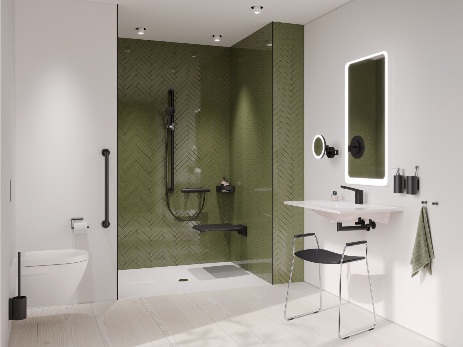 Barrier-free bathroom with washbasin, shower area and WC