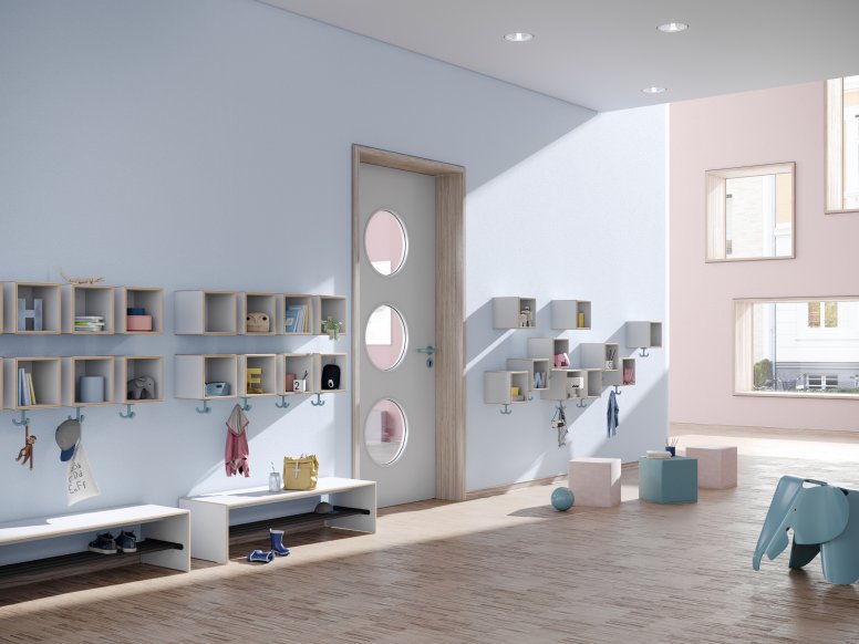 Blue-coloured kindergarten hallway with wall-mounted coat racks, triple hooks and seating