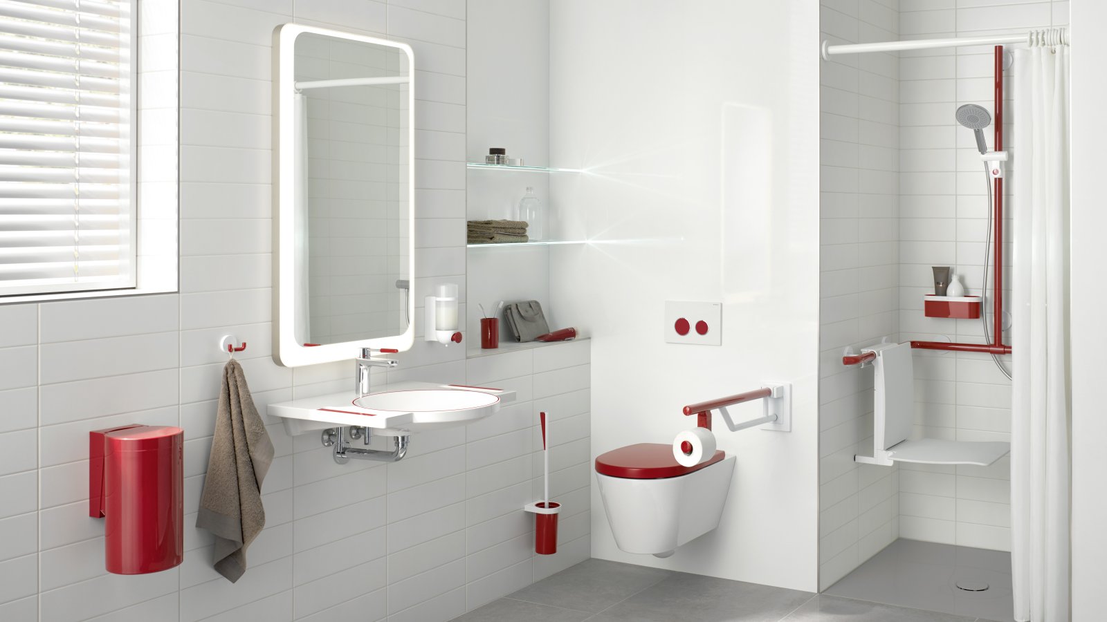 Bathroom equipped with products in a contrasting red colour for dementia patients