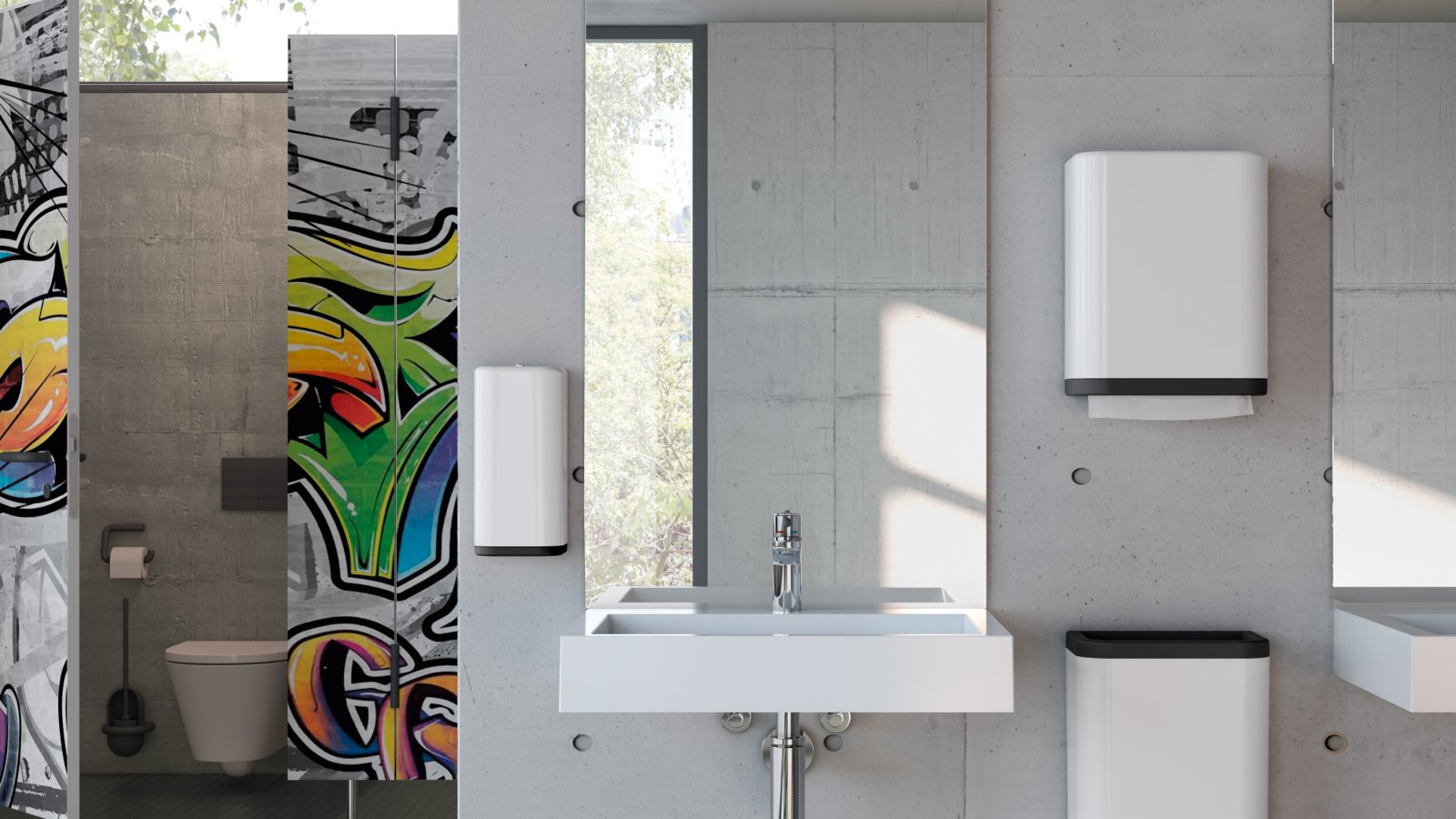 Washbasin of a school toilet equipped with soap and paper towel dispenser in signal white made of polyamide