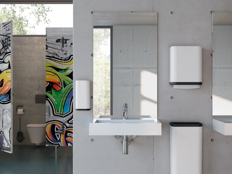 Washbasin of a school toilet equipped with soap and paper towel dispenser in signal white made of polyamide