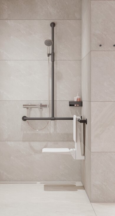 Shower area equipped with an infinitely adjustable magnetic shower holder