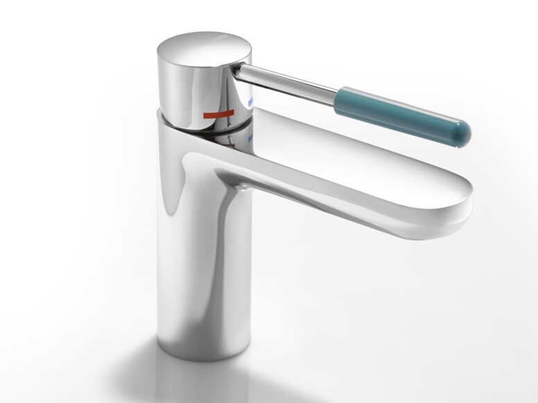 Single-lever mixer tap with handle element in the colour aqua blue